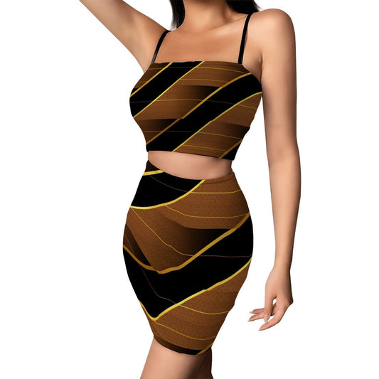 Aurelio Francesco Women's Crop Tank Top & Mini Skirt Set - Black and Gold Geometric Pinstripe Pattern