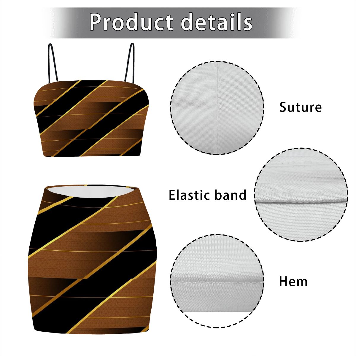 Aurelio Francesco Women's Crop Tank Top & Mini Skirt Set - Black and Gold Geometric Pinstripe Pattern