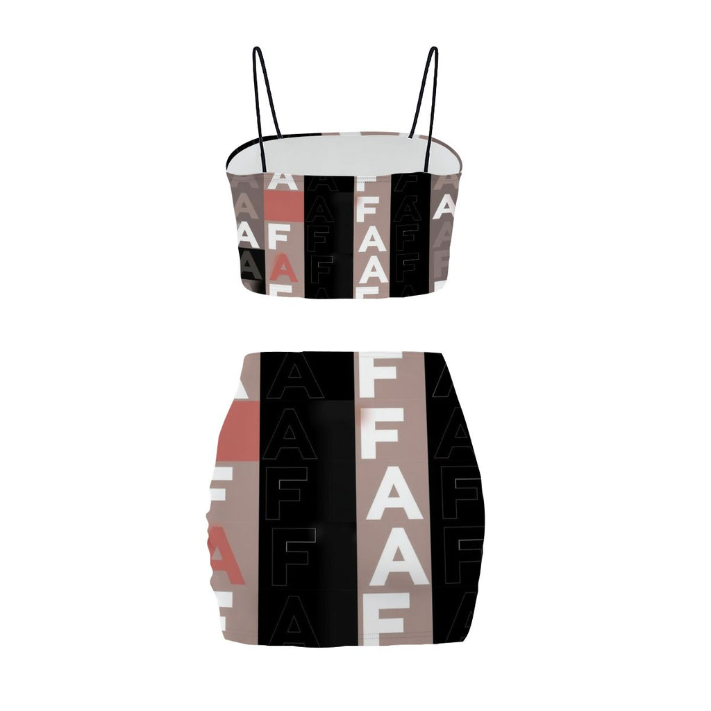 Aurelio Francesco crop top and mini skirt set with an A/F pattern.