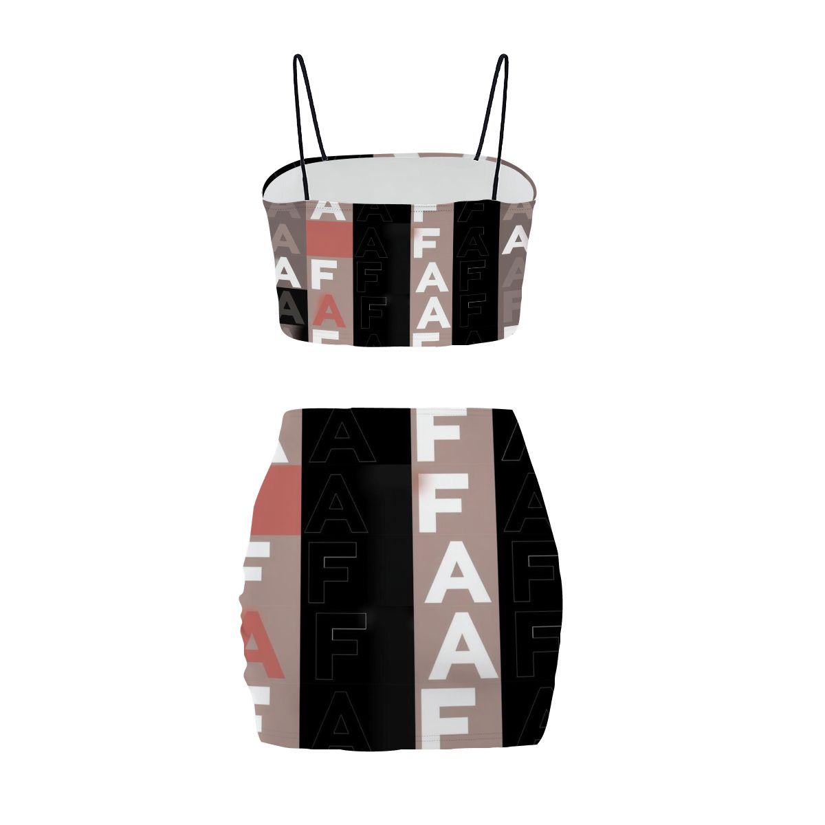 Aurelio Francesco crop top and mini skirt set with an A/F pattern.