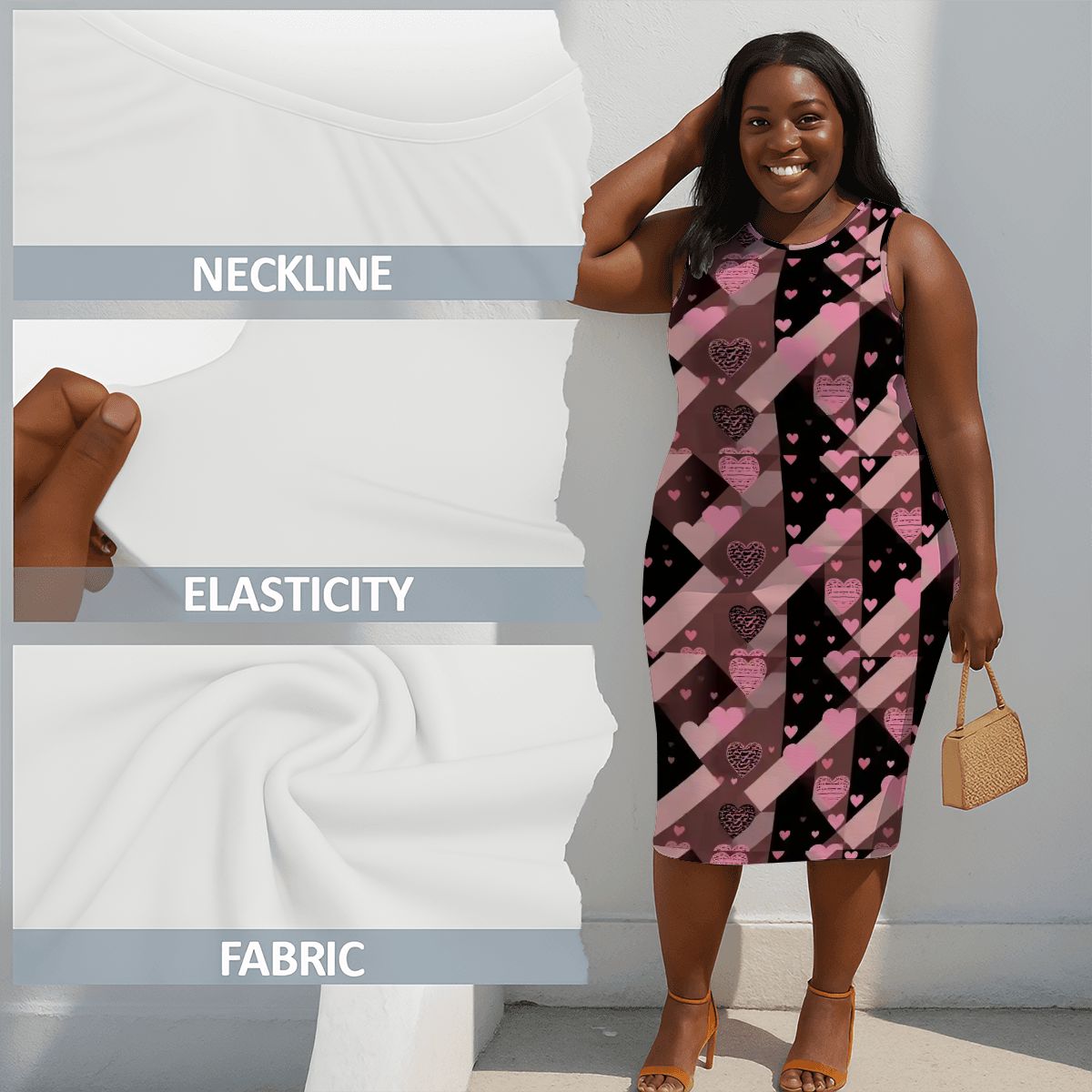 BabyGurl'z Collection Plus Size Sleeveless Dress in Black and Pink Hearts Geometric Pattern