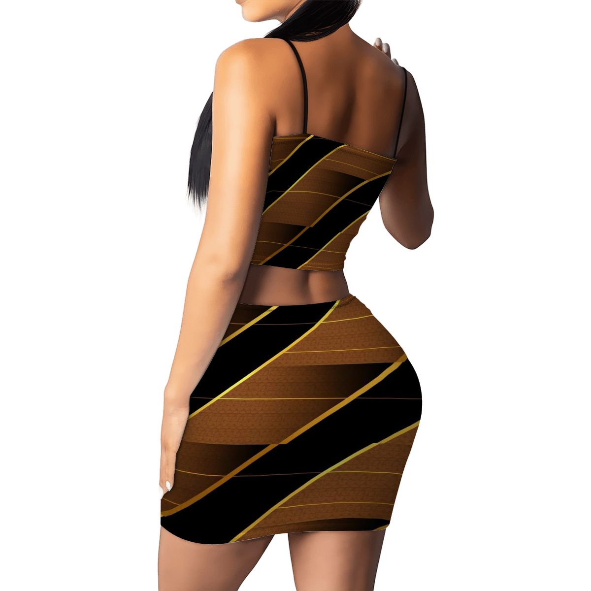 Aurelio Francesco Women's Crop Tank Top & Mini Skirt Set - Black and Gold Geometric Pinstripe Pattern
