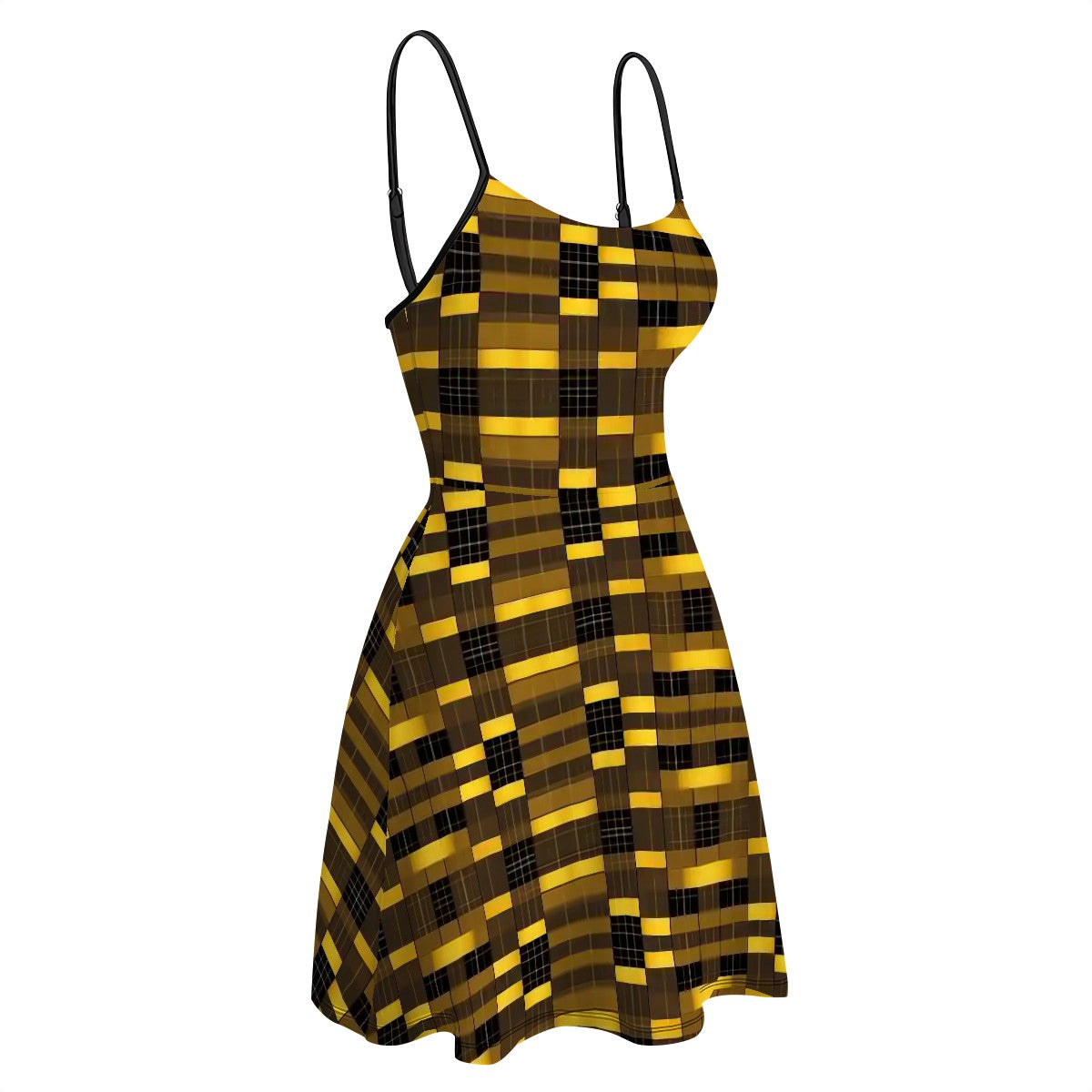 Aurelio Francesco spaghetti strap A-line dress with a creative black and gold plaid pattern.