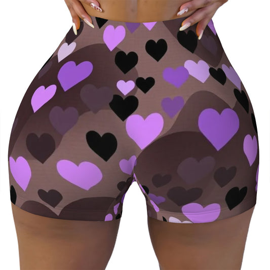 Sweetie's Collection women's athletic shorts with a black and purple heart geometric pattern.