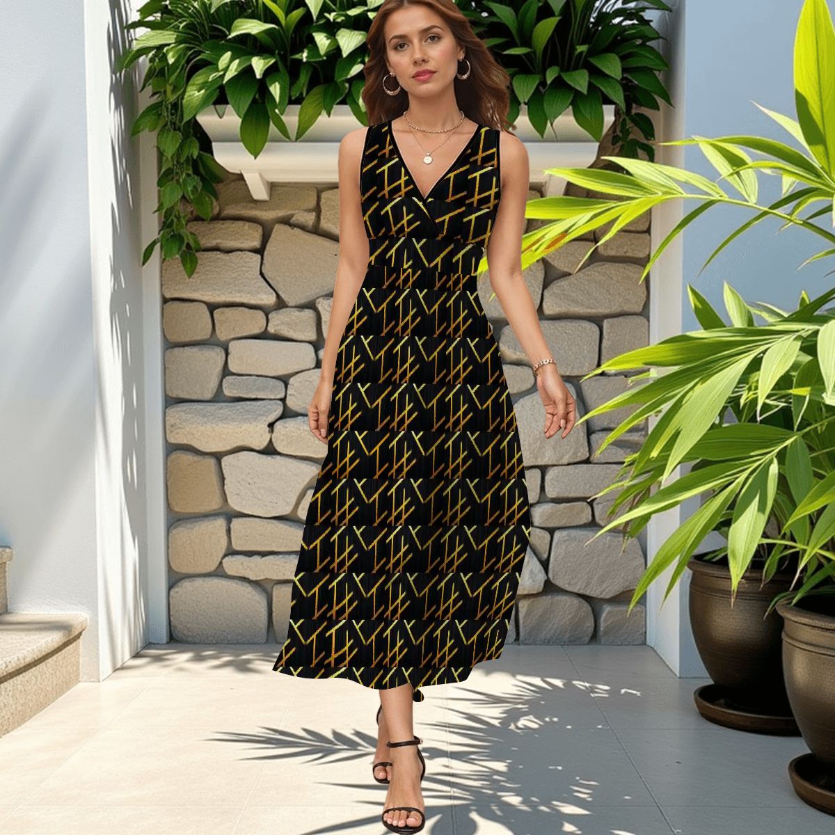 BabyGurl'z Collection Sleeveless Maxi Dress - Black and Gold Geometric Pinstripe Pattern