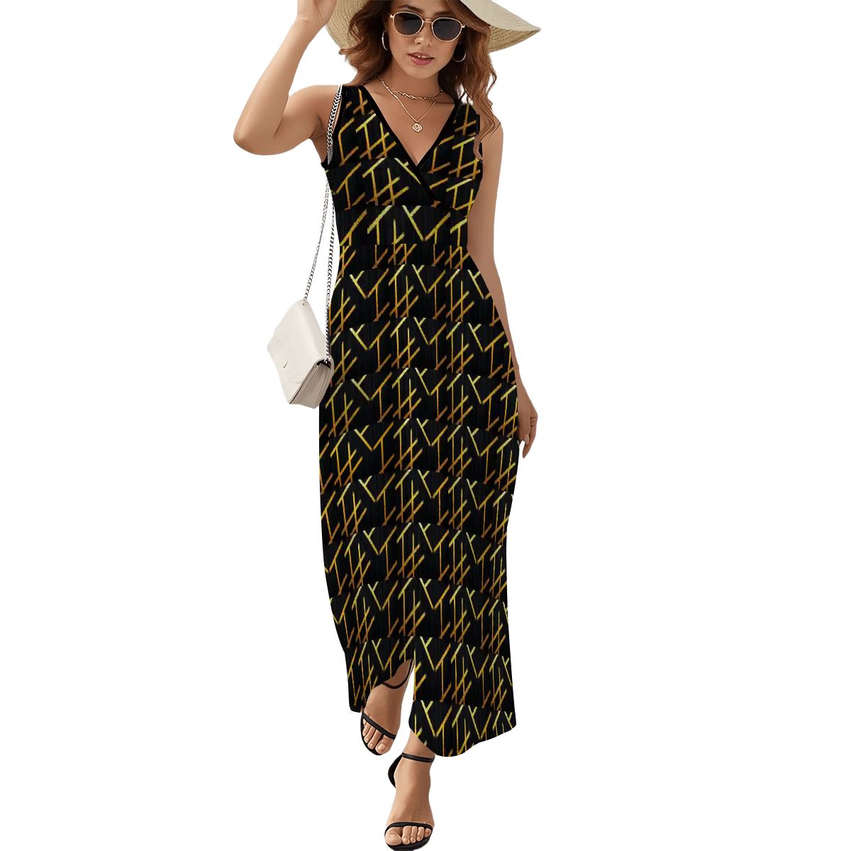 BabyGurl'z Collection Sleeveless Maxi Dress - Black and Gold Geometric Pinstripe Pattern