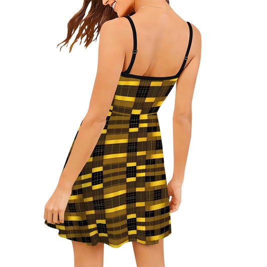 Aurelio Francesco spaghetti strap A-line dress with a creative black and gold plaid pattern.