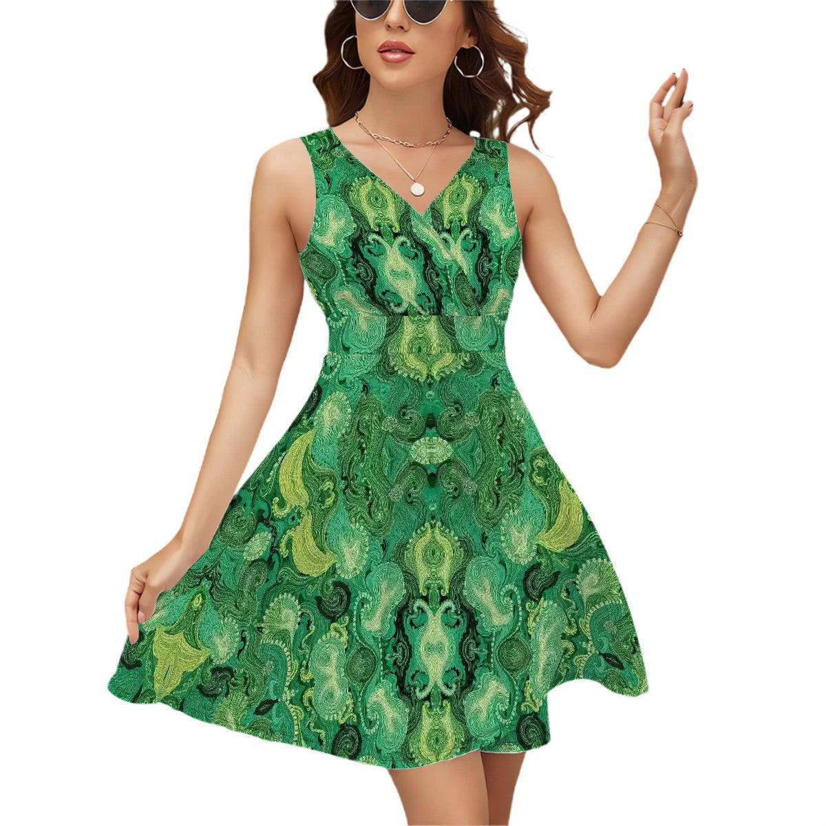 BabyGurl'z Collection: Green Sleeveless V-Neck Dress with Abstract Patterns