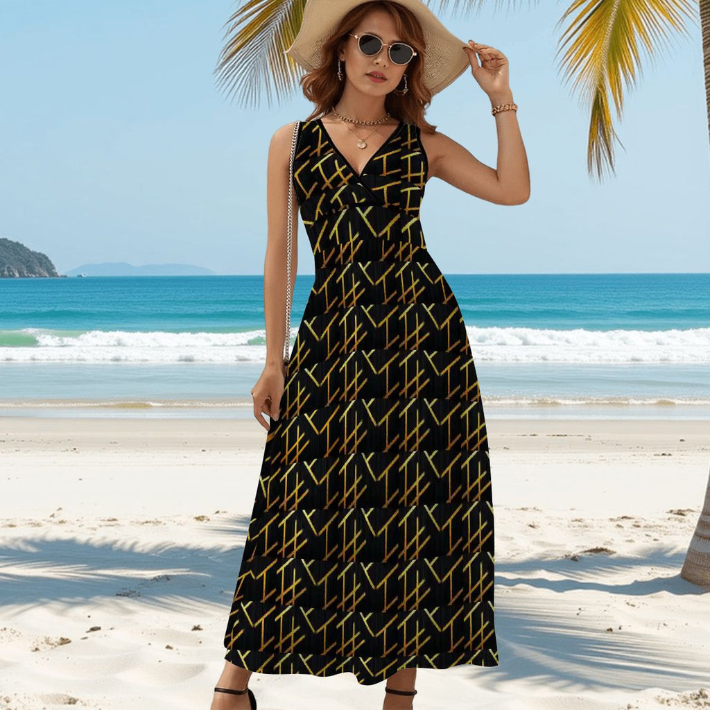BabyGurl'z Collection Sleeveless Maxi Dress - Black and Gold Geometric Pinstripe Pattern