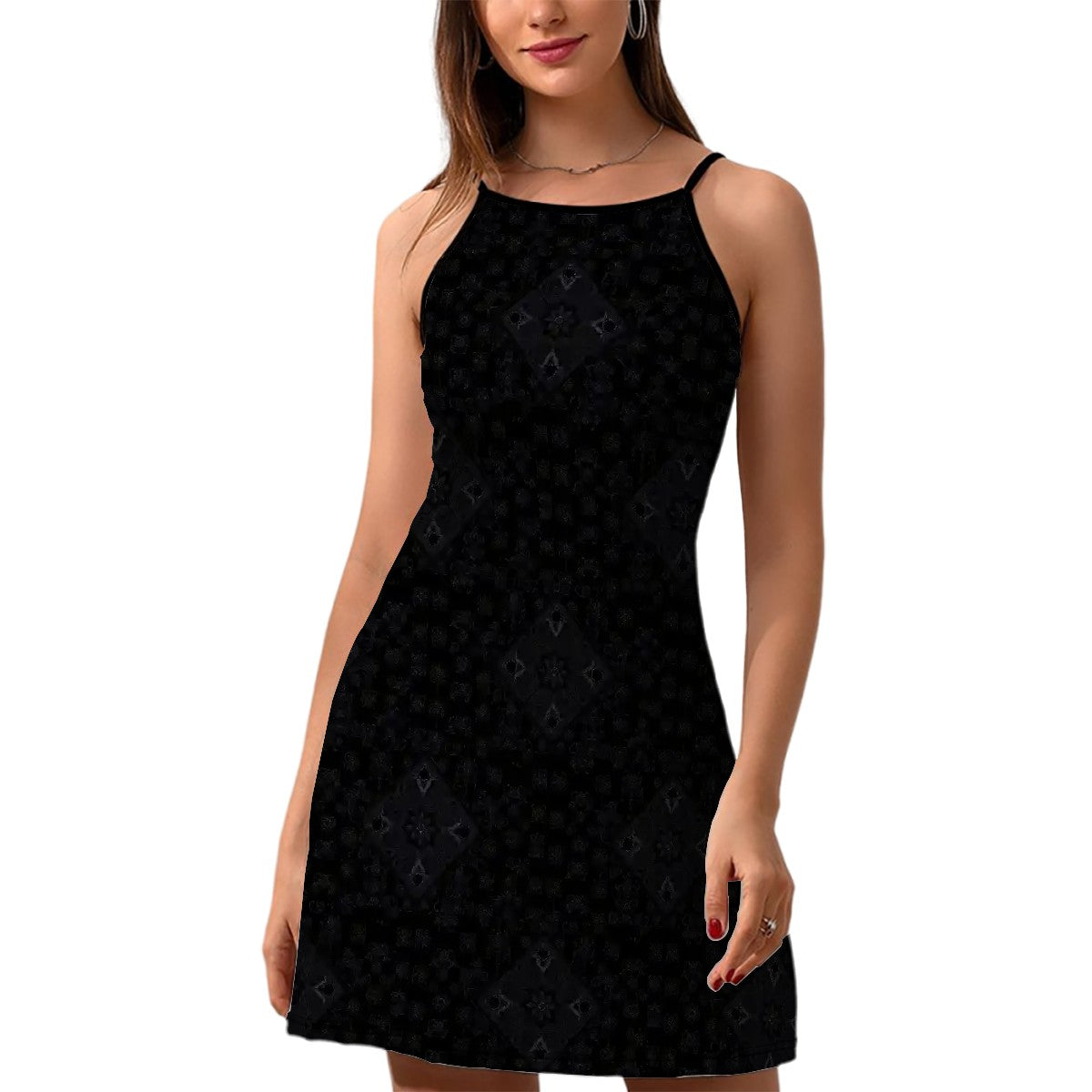 BabyGurl'z Collection short spaghetti strap dress in a black with roses geometric pattern.