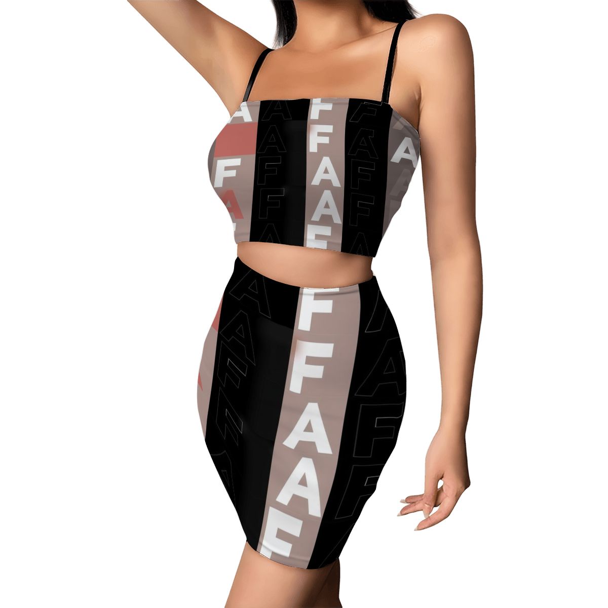 Aurelio Francesco crop top and mini skirt set with an A/F pattern.