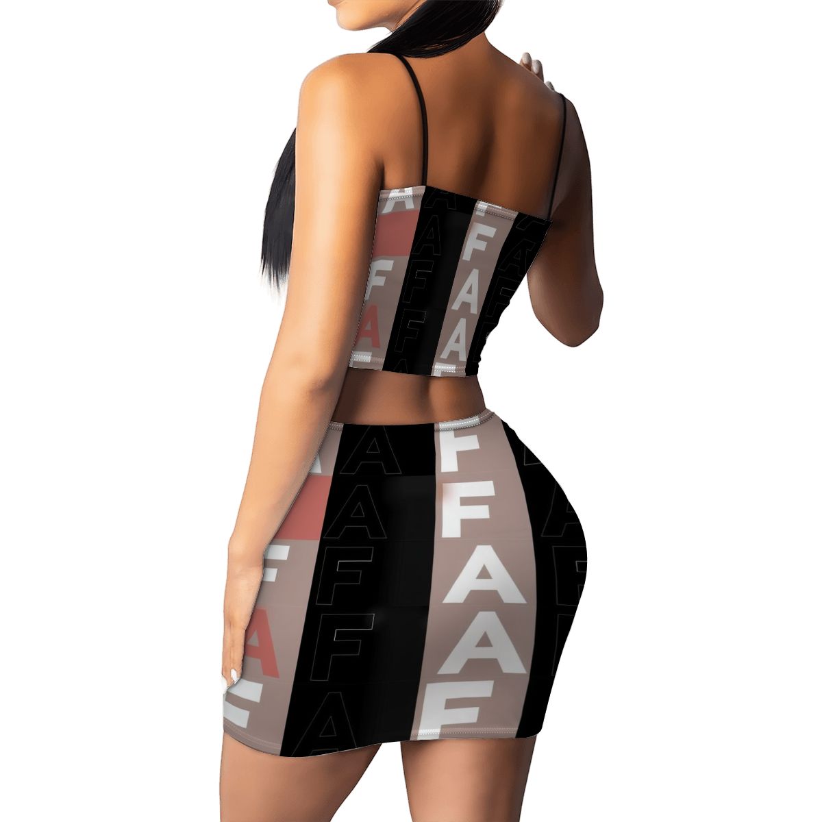 Aurelio Francesco crop top and mini skirt set with an A/F pattern.