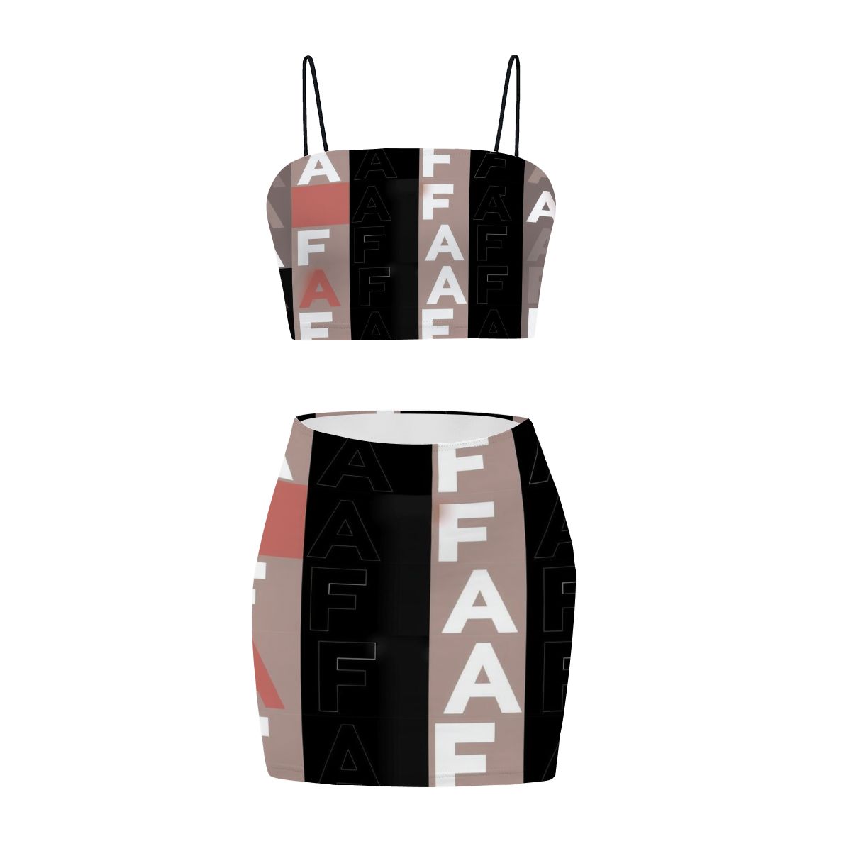 Aurelio Francesco crop top and mini skirt set with an A/F pattern.