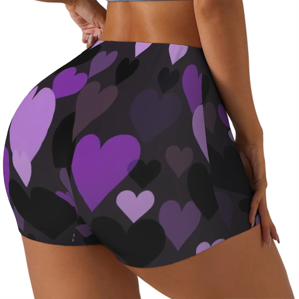 Sweetie's Collection women's athletic shorts featuring a black and purple hearts.