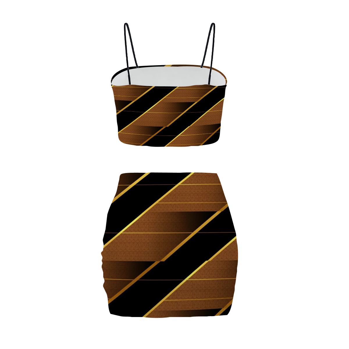 Aurelio Francesco Women's Crop Tank Top & Mini Skirt Set - Black and Gold Geometric Pinstripe Pattern