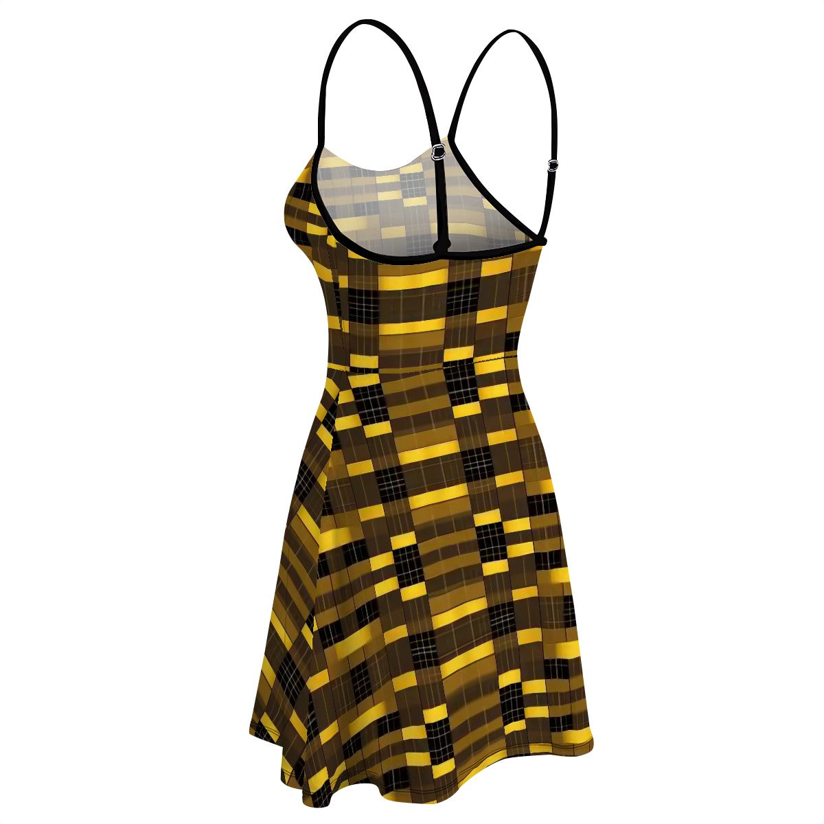 Aurelio Francesco spaghetti strap A-line dress with a creative black and gold plaid pattern.