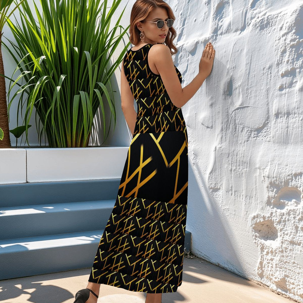 BabyGurl'z Collection Sleeveless Maxi Dress - Black and Gold Geometric Pinstripe Pattern