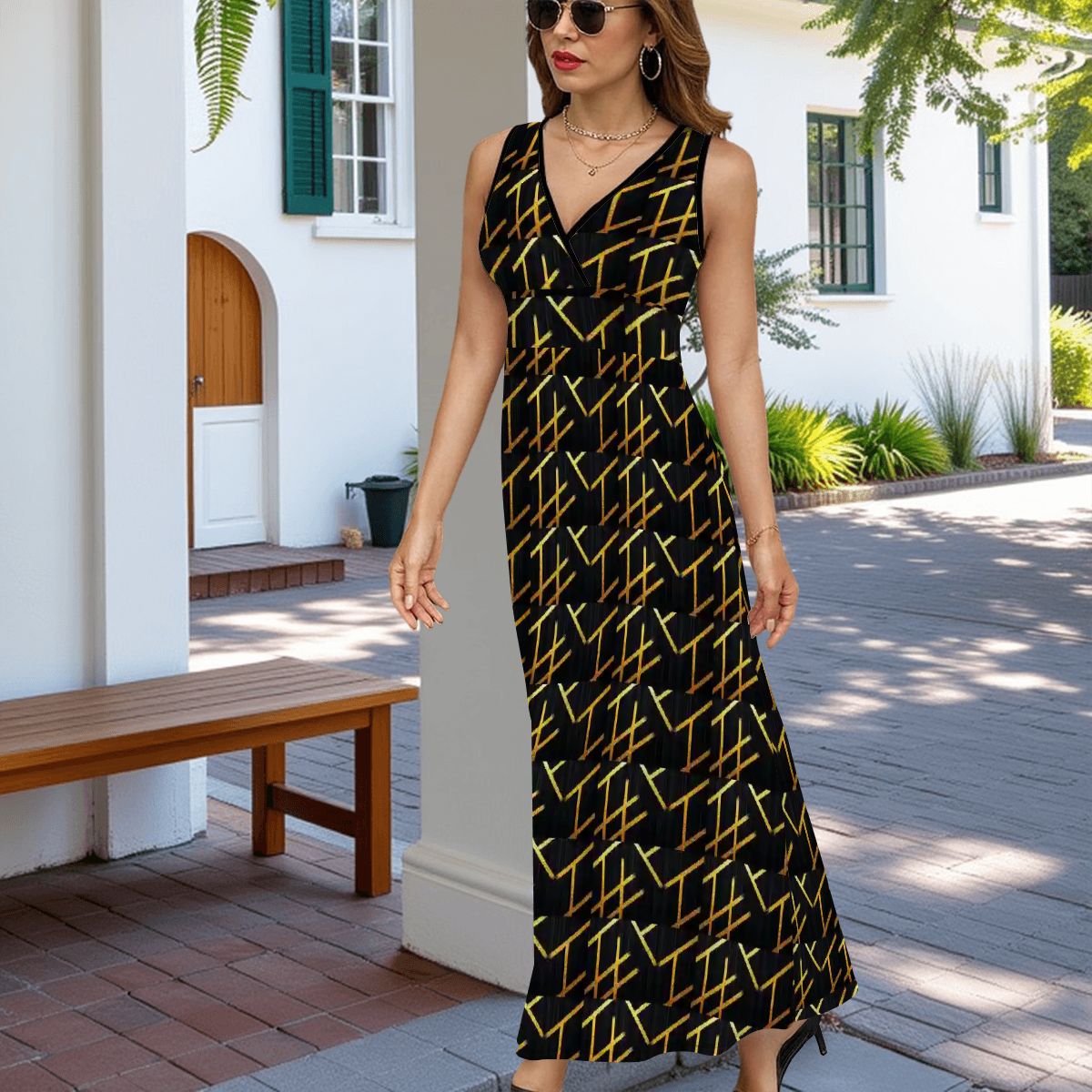 BabyGurl'z Collection Sleeveless Maxi Dress - Black and Gold Geometric Pinstripe Pattern