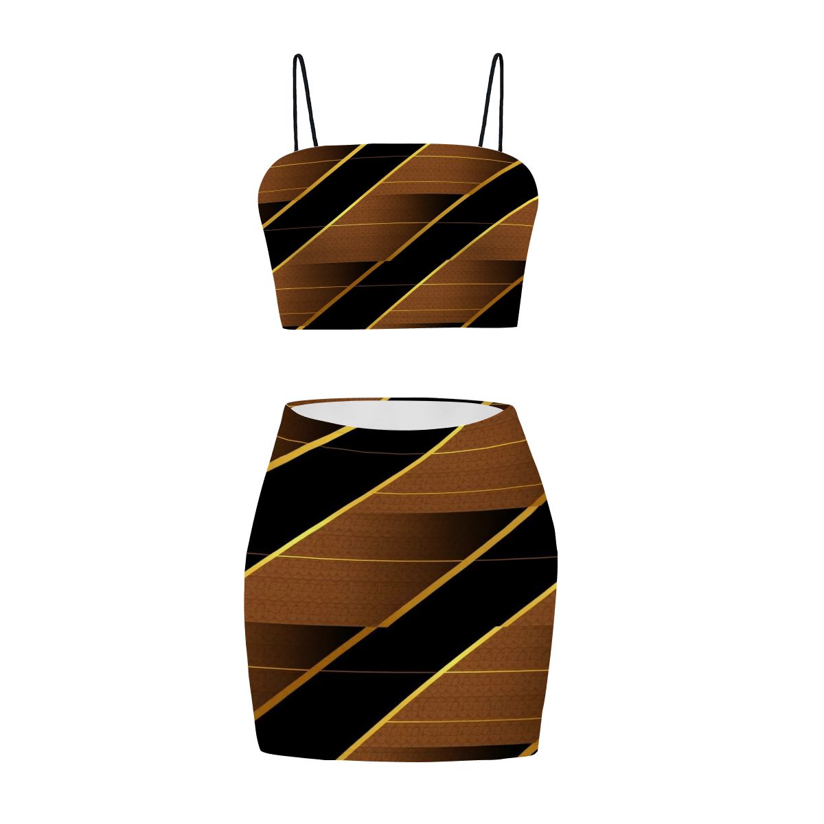 Aurelio Francesco Women's Crop Tank Top & Mini Skirt Set - Black and Gold Geometric Pinstripe Pattern