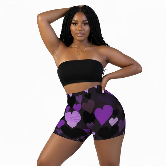 Sweetie's Collection women's athletic shorts with a black and purple heart geometric pattern.