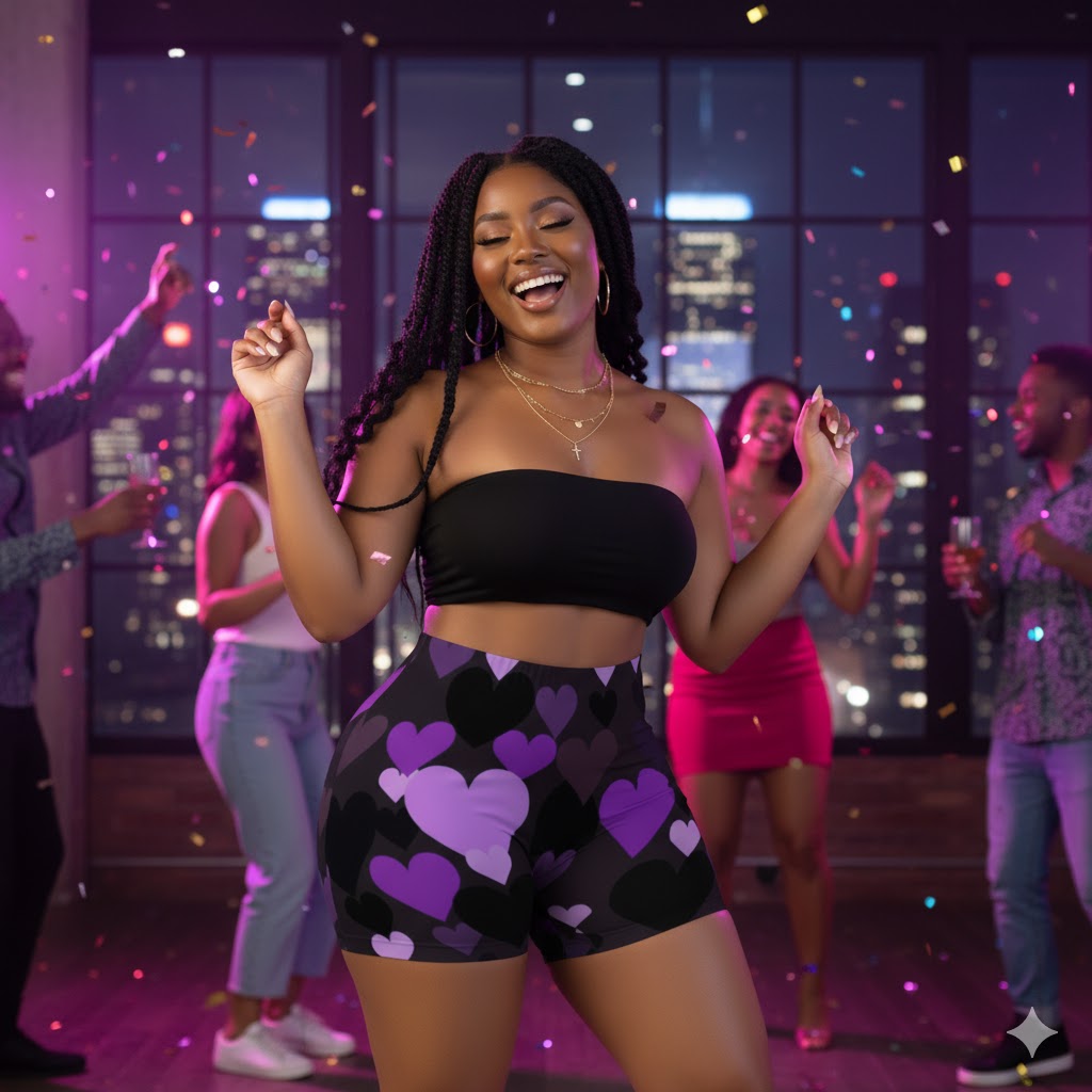 Sweetie's Collection women's athletic shorts with a black and purple heart geometric pattern.